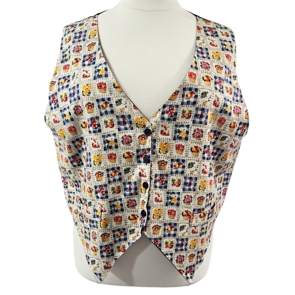 Vintage On Tour Cottagecore Picnic Pointed Hem Button-Up Vest Tie Back Unique - Picture 1 of 8